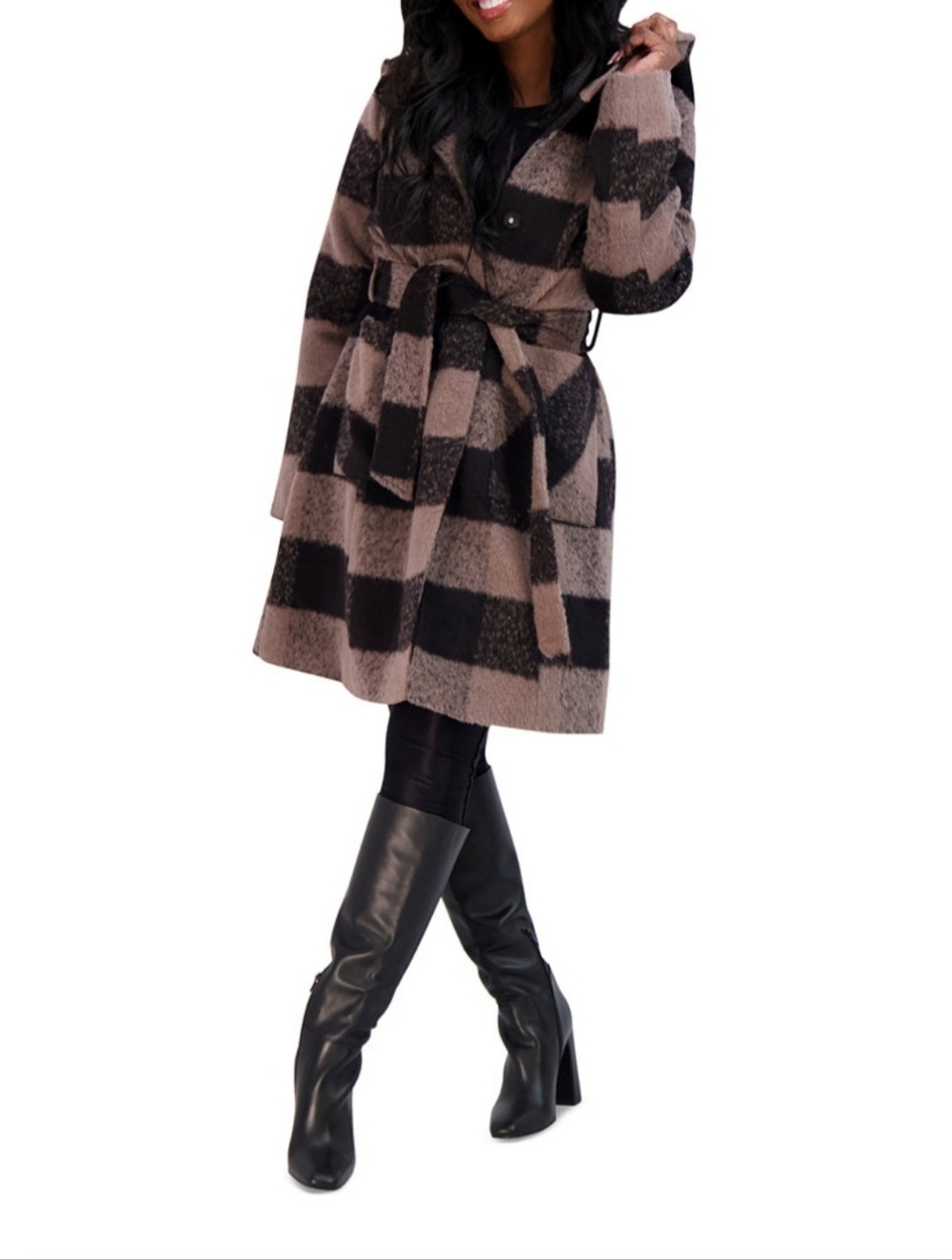 Steve Madden Brown and Black Plaid Belted Coat